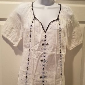 LOFT Peasant Gypsy Embroidered White Top Blue Trim
